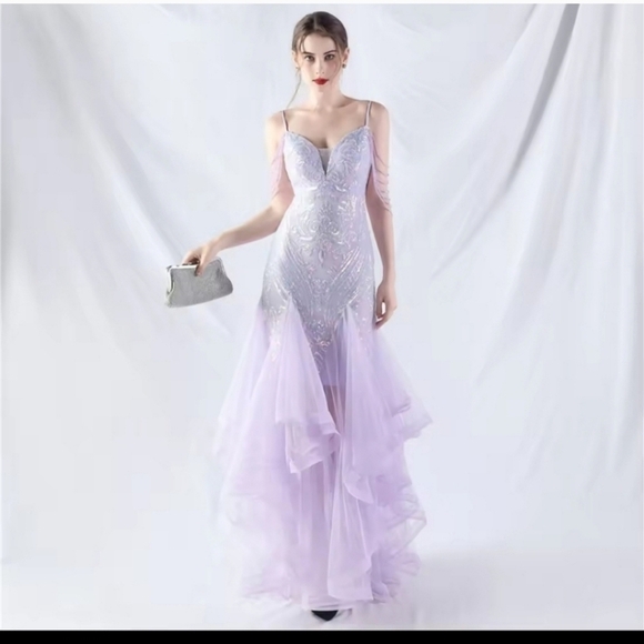 Purple, Abstract Print, Beaded Draped Sleeves,  Backless,  Sequined Mermaid Gown - Picture 7 of 14